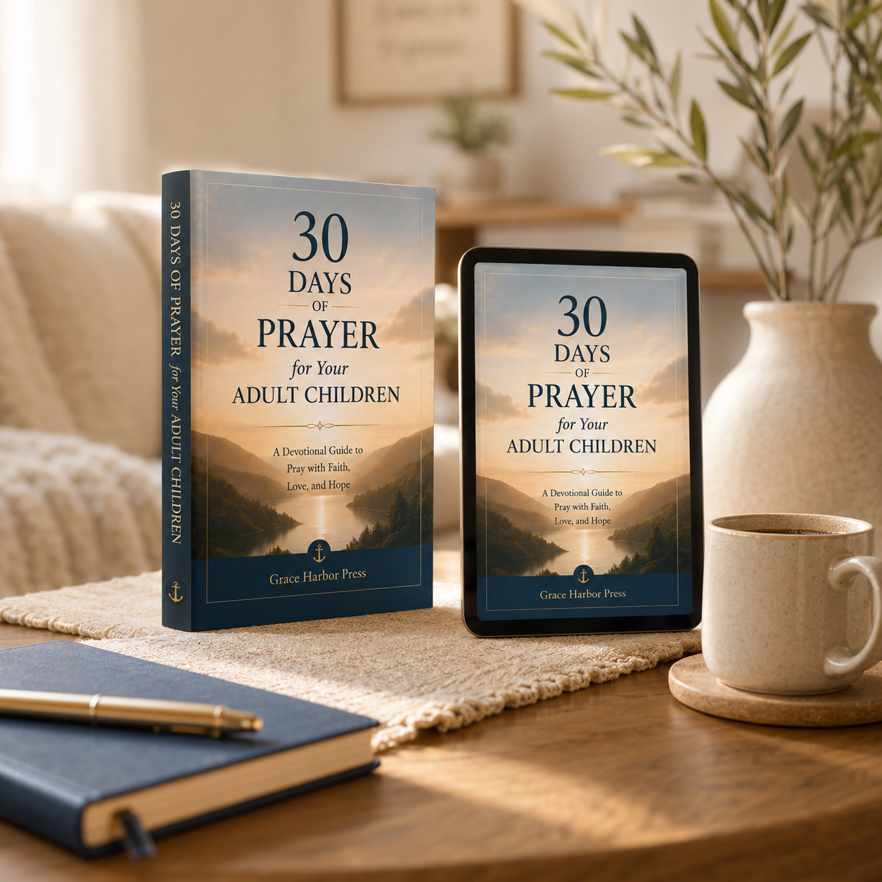 Book and tablet mockup of 30 Days of Prayer for Your Adult Children